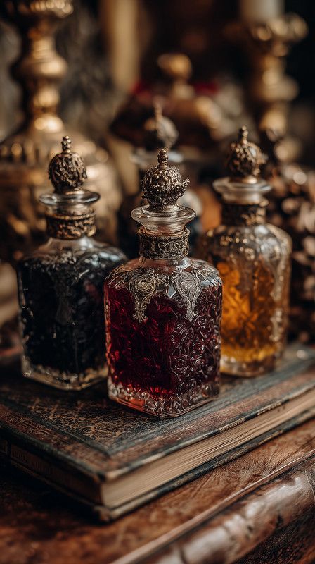 Home antique perfume bottles layered depth, ornate glass, vintage vanity aesthetic